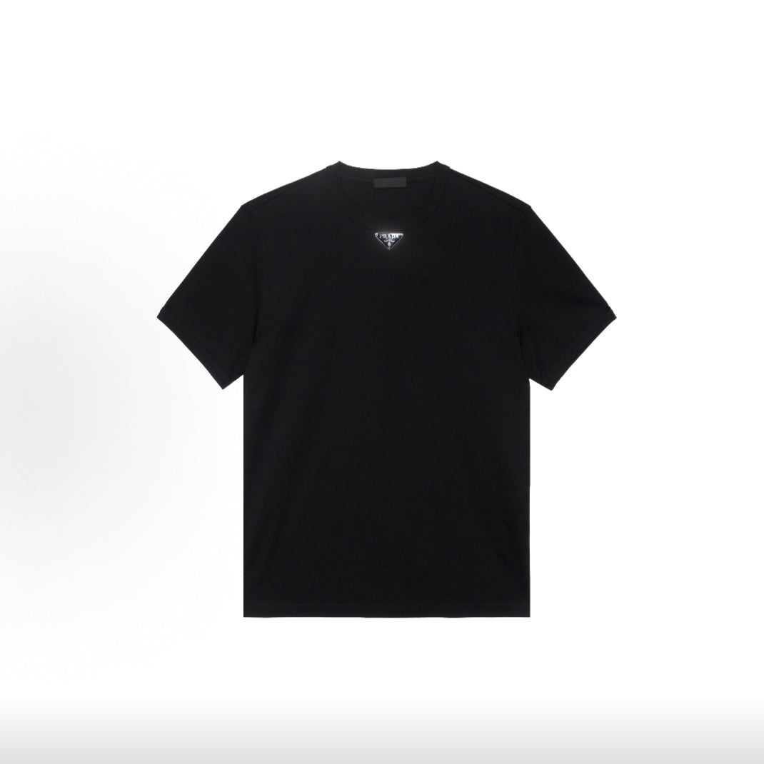 PRADA Prada Fall/Winter 2022 Solid-color Micro-logo Round-neck Cotton Hooded Short-sleeved T-shirt for Men - Black