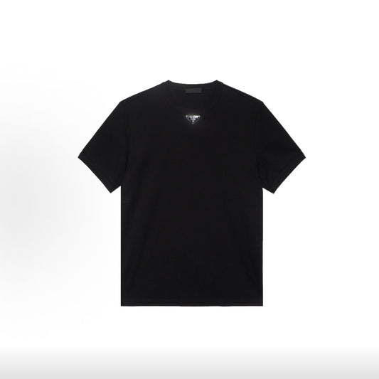 PRADA Prada Fall/Winter 2022 Solid-color Micro-logo Round-neck Cotton Hooded Short-sleeved T-shirt for Men - Black