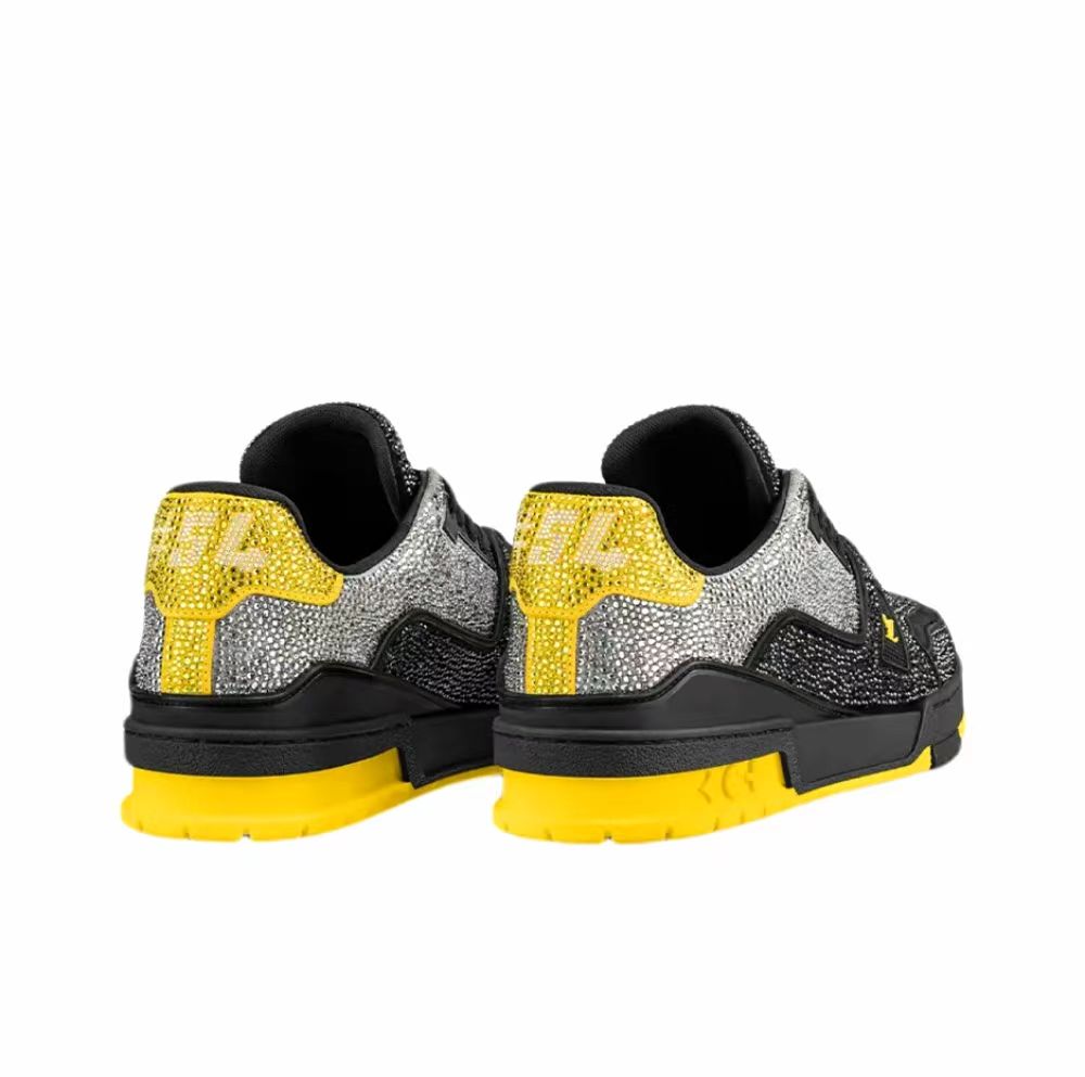 LOUIS VUITTON Trainer Line rhinestone sneakers men's black and yellow