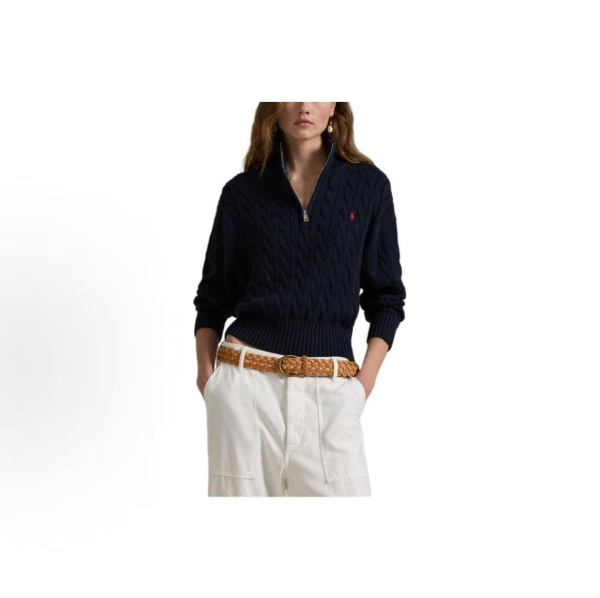 Ralph Lauren Solid Twisted Knitted Cotton Polo Neck Long-Sleeved Zip Knit Shirt Loose Fit Women's Blue