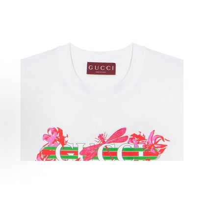 GUCCI Ancient Grecian SS24 Letter Logo Plant Print Round Neck Pullover Short Sleeve T-Shirt for Women, White