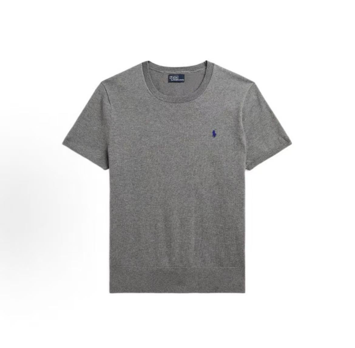Ralph Lauren SS23 Small Horse Logo Embroidered Cotton Blend Ribbed Roundneck Pullover Short Sleeve Knit Shirt Loose Fit Women's Grey