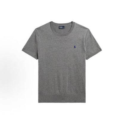 Ralph Lauren SS23 Small Horse Logo Embroidered Cotton Blend Ribbed Roundneck Pullover Short Sleeve Knit Shirt Loose Fit Women's Grey