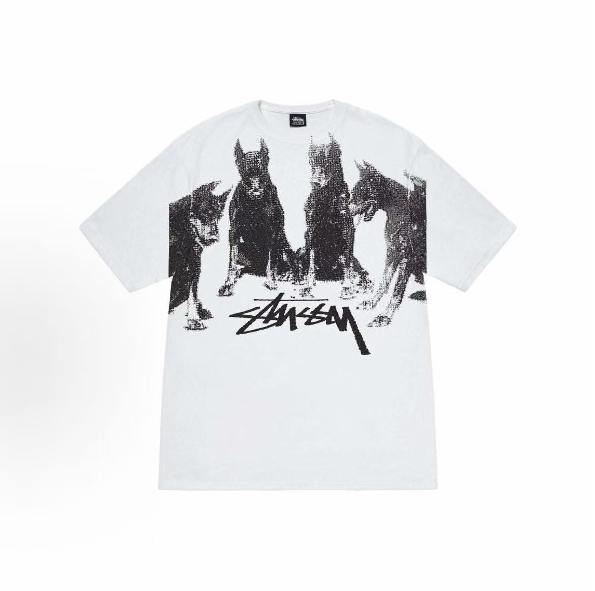 Stussy SS24 Front Chest Doberman Print Pattern Short-Sleeved American Retro T-Shirt (For Both Men and Women)