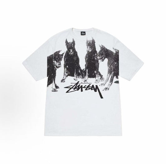 Stussy SS24 Front Chest Doberman Print Pattern Short-Sleeved American Retro T-Shirt (For Both Men and Women)
