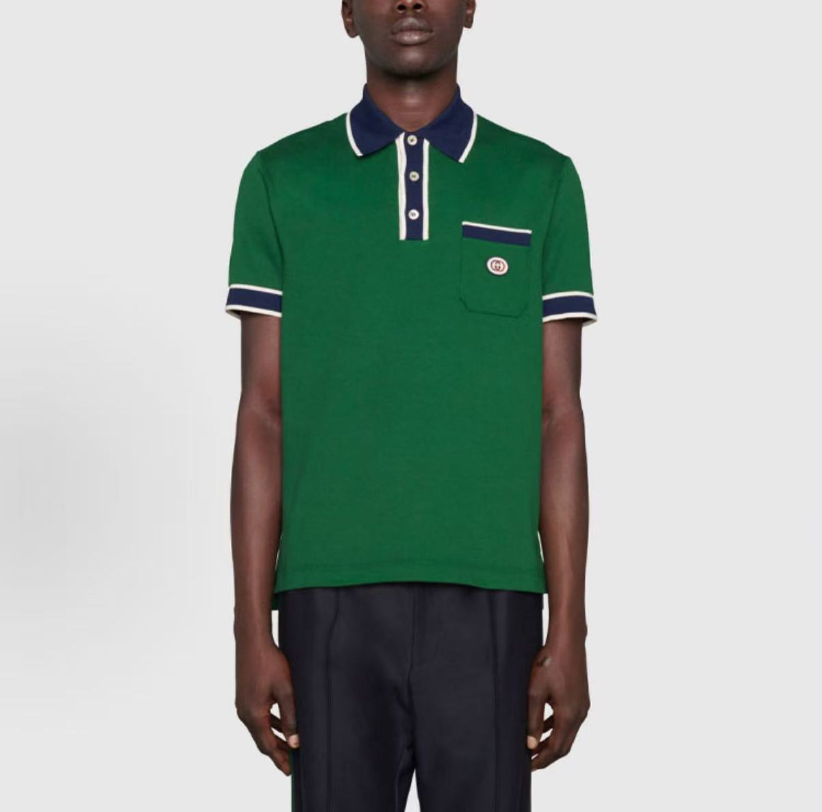 GUCCI SS22 Interlocking Double G Beaded Short-Sleeved Polo Shirt for Men - Green