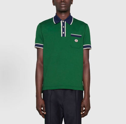 GUCCI SS22 Interlocking Double G Beaded Short-Sleeved Polo Shirt for Men - Green
