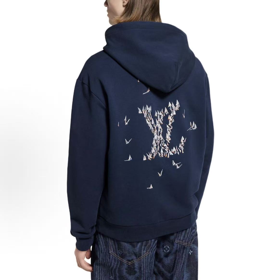 LOUIS VUITTON FW25 Autumn Early Men's Collection - Letter Print Hooded Pullover Long Sleeve Shirt - Men's Style - Navy Blue