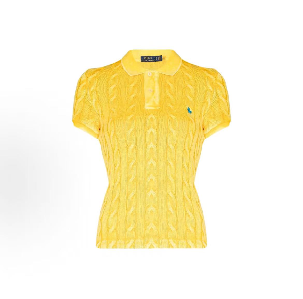 Ralph Lauren SS22 Coarse Twine Knit Short-Sleeved Polo Shirt - Women's - Yellow