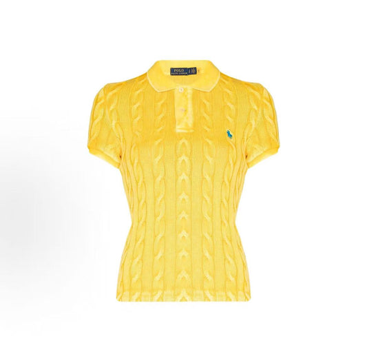 Ralph Lauren SS22 Coarse Twine Knit Short-Sleeved Polo Shirt - Women's - Yellow