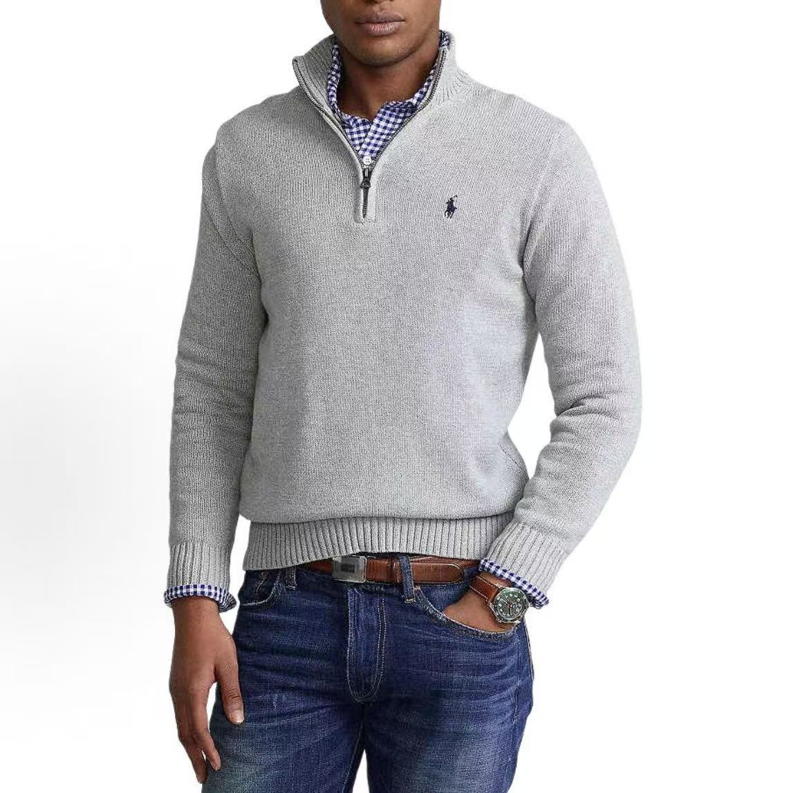 Ralph Lauren SS23 Pony Embroidery Solid Color Cotton Half Zipper Half High Collar Pullover Long Sleeve Sweater Standard Edition Men's Flower Grey