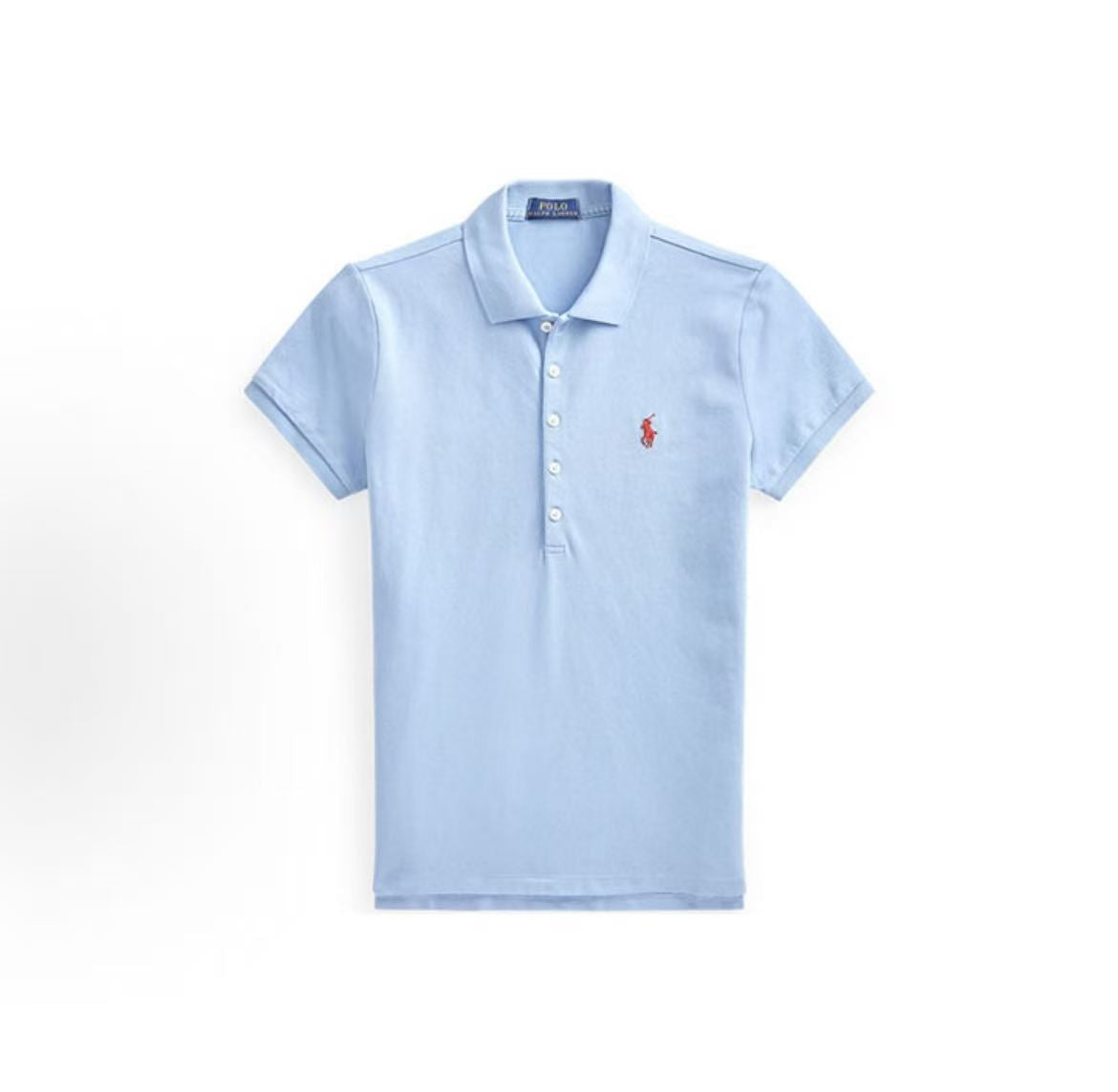 Ralph Lauren SS22 Solid Mesh Fabric Small Spikes Embroidered Stretch Short-Sleeved Polo Shirt - Slim Fit - Women's - Blue