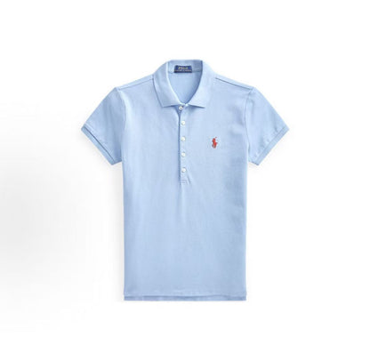 Ralph Lauren SS22 Solid Mesh Fabric Small Spikes Embroidered Stretch Short-Sleeved Polo Shirt - Slim Fit - Women's - Blue