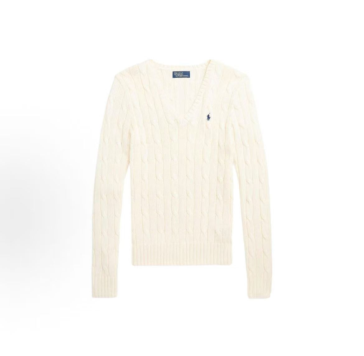 Ralph Lauren Cotton Logo Small Spurs Embroidered V-Neck Solid Hooded Ribbed Sleeveless Hem Long Sleeve Knit Shirt Form-fitting Women's Style White