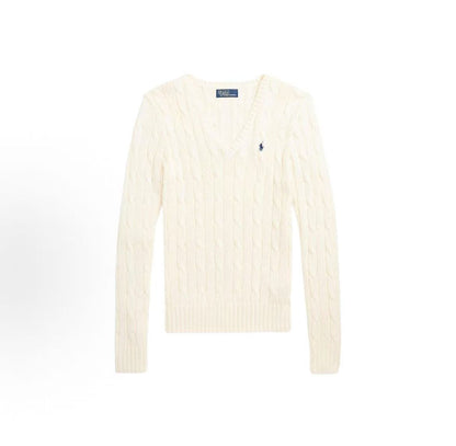 Ralph Lauren Cotton Logo Small Spurs Embroidered V-Neck Solid Hooded Ribbed Sleeveless Hem Long Sleeve Knit Shirt Form-fitting Women's Style White