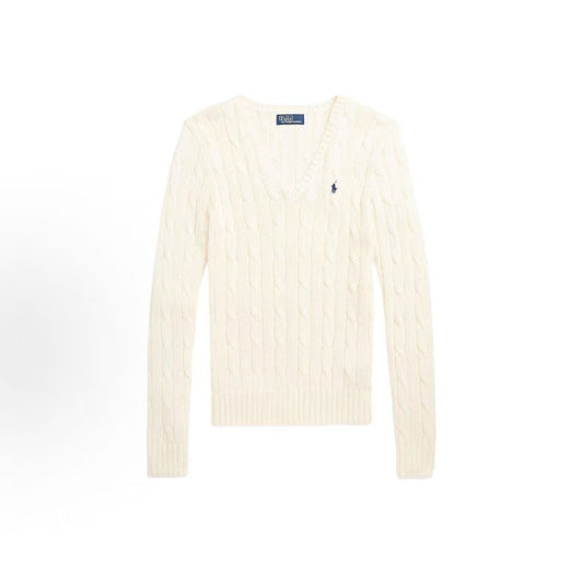 Ralph Lauren Cotton Logo Small Spurs Embroidered V-Neck Solid Hooded Ribbed Sleeveless Hem Long Sleeve Knit Shirt Form-fitting Women's Style White