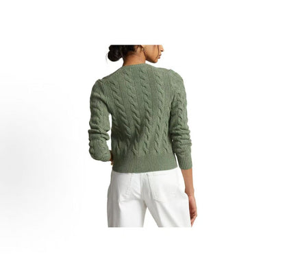 Ralph Lauren FW22 Solid-color Round-neck Button-up Plaid-knotted Long-sleeved Sweater (slightly fitted style) for women, in green color.