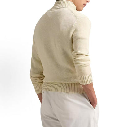 Ralph Lauren Small Horse Logo Embroidered Cotton Ribbed High-neck Quarter-Lined Front Pullover Long Sleeve Knit Shirt Standard Fit Men's Style Andover Cream
