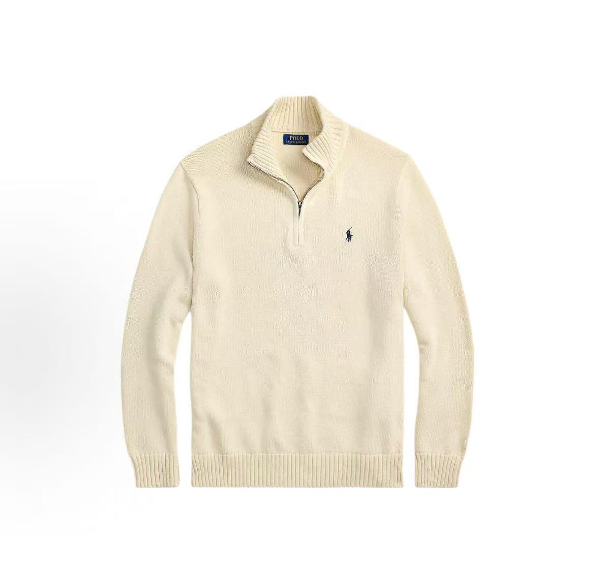 Ralph Lauren Small Horse Logo Embroidered Cotton Ribbed High-neck Quarter-Lined Front Pullover Long Sleeve Knit Shirt Standard Fit Men's Style Andover Cream