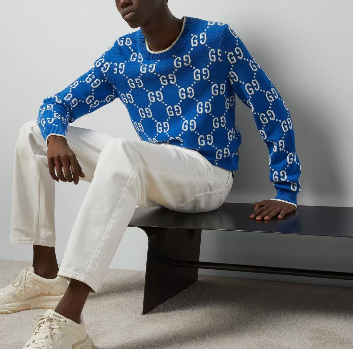 GUCCI Ancient Grecian SS24 Logo Pattern Round-neck Pullover Long-sleeved Knit Shirt for Men Cobalt Blue