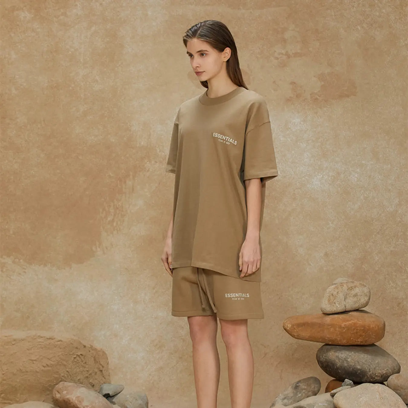 FOG FEAR OF GOD 22 ESSENTIALS double line single row flocking loose T-shirt Oak brown