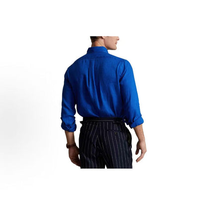 Ralph Lauren Solid-color Linen Collar Buttoned Long-Sleeved Shirt for Men - Blue