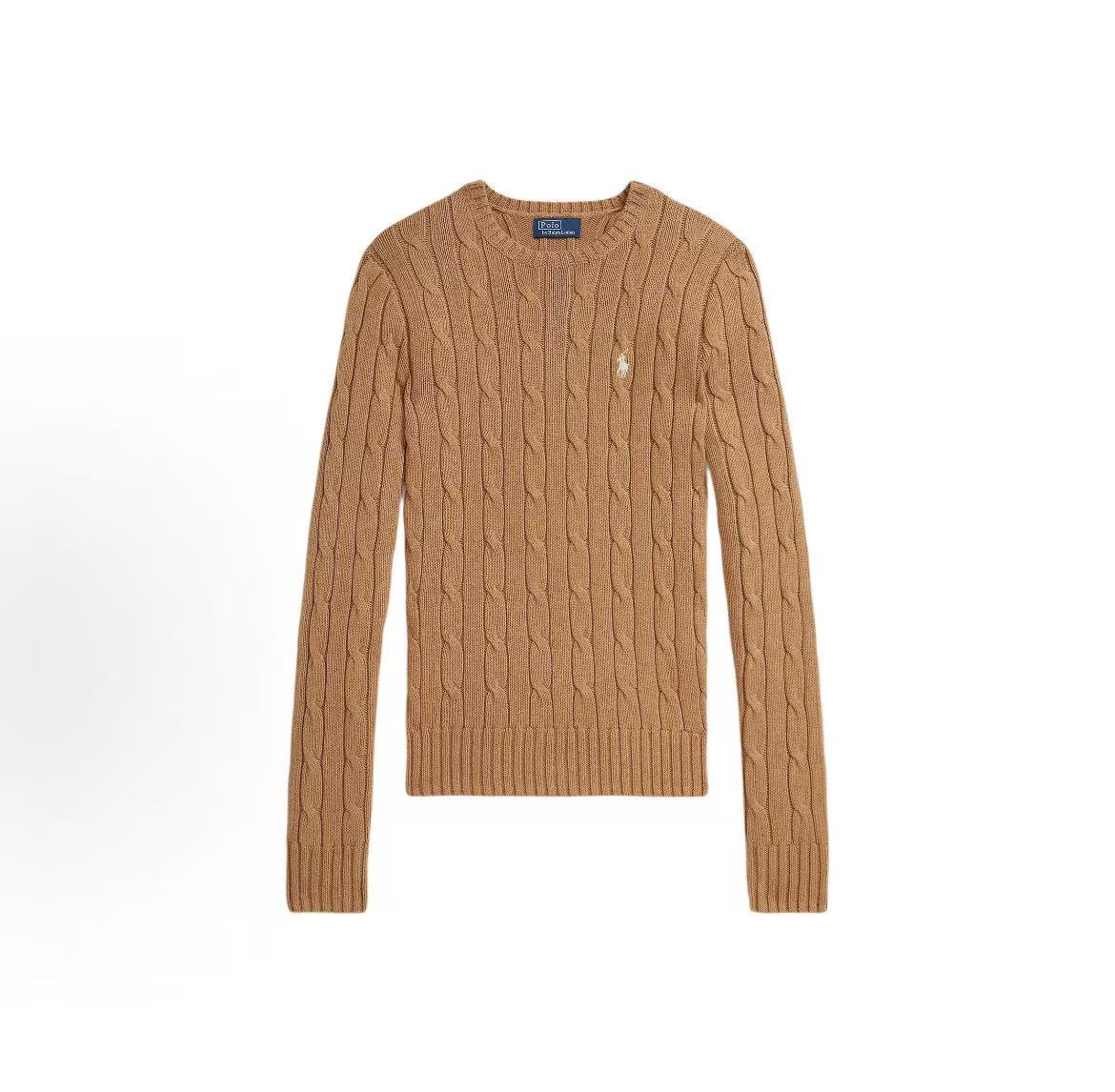 Ralph Lauren Petite Spurs Embroidered Solid Breathable Cotton Twill Knoted Crewneck Pullover Long Sleeve Ribbed Hem Women's Sweater Camel Color Blend