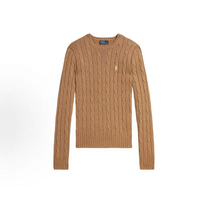 Ralph Lauren Petite Spurs Embroidered Solid Breathable Cotton Twill Knoted Crewneck Pullover Long Sleeve Ribbed Hem Women's Sweater Camel Color Blend