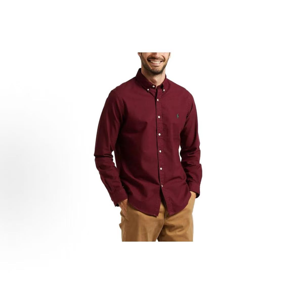 Ralph Lauren FW23 Little Horse Embroidery Logo Solid-color Long-sleeved Button-front Shirt Messy Hair Men's Style Red