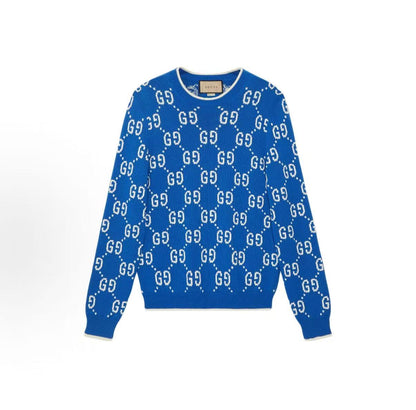 GUCCI Ancient Grecian SS24 Logo Pattern Round-neck Pullover Long-sleeved Knit Shirt for Men Cobalt Blue