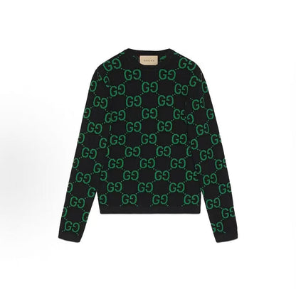 GUCCI GG Lettered Jacquard Round-neck Pullover Long-sleeved Sweater for Men in Green