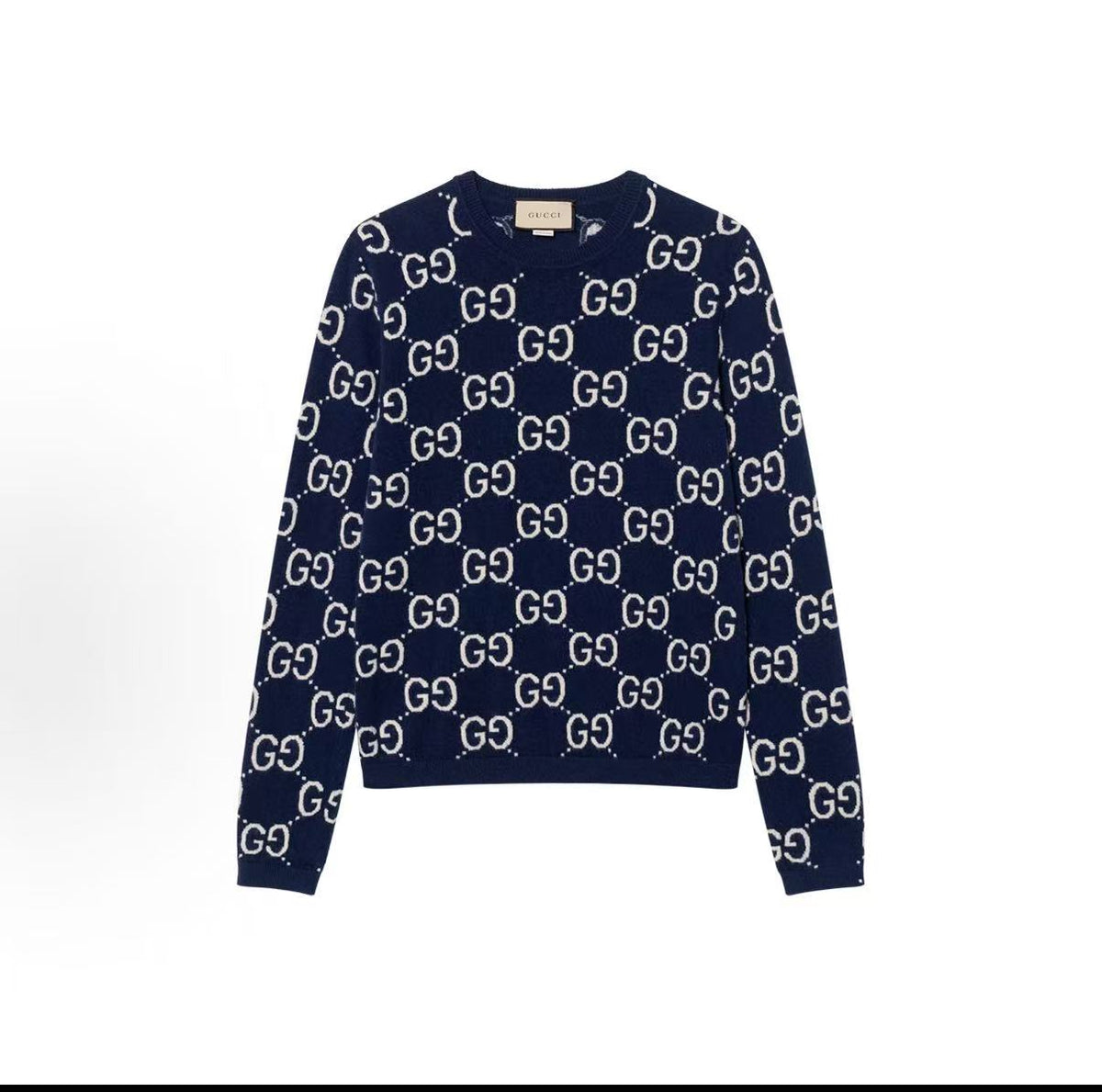 GUCCI Ancient Grecian SS22 Logo Letter Printed Knitted Round-neck Long-sleeve Wool Sweater - Sweater for Men - Blue
