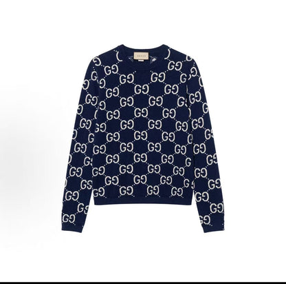 GUCCI Ancient Grecian SS22 Logo Letter Printed Knitted Round-neck Long-sleeve Wool Sweater - Sweater for Men - Blue