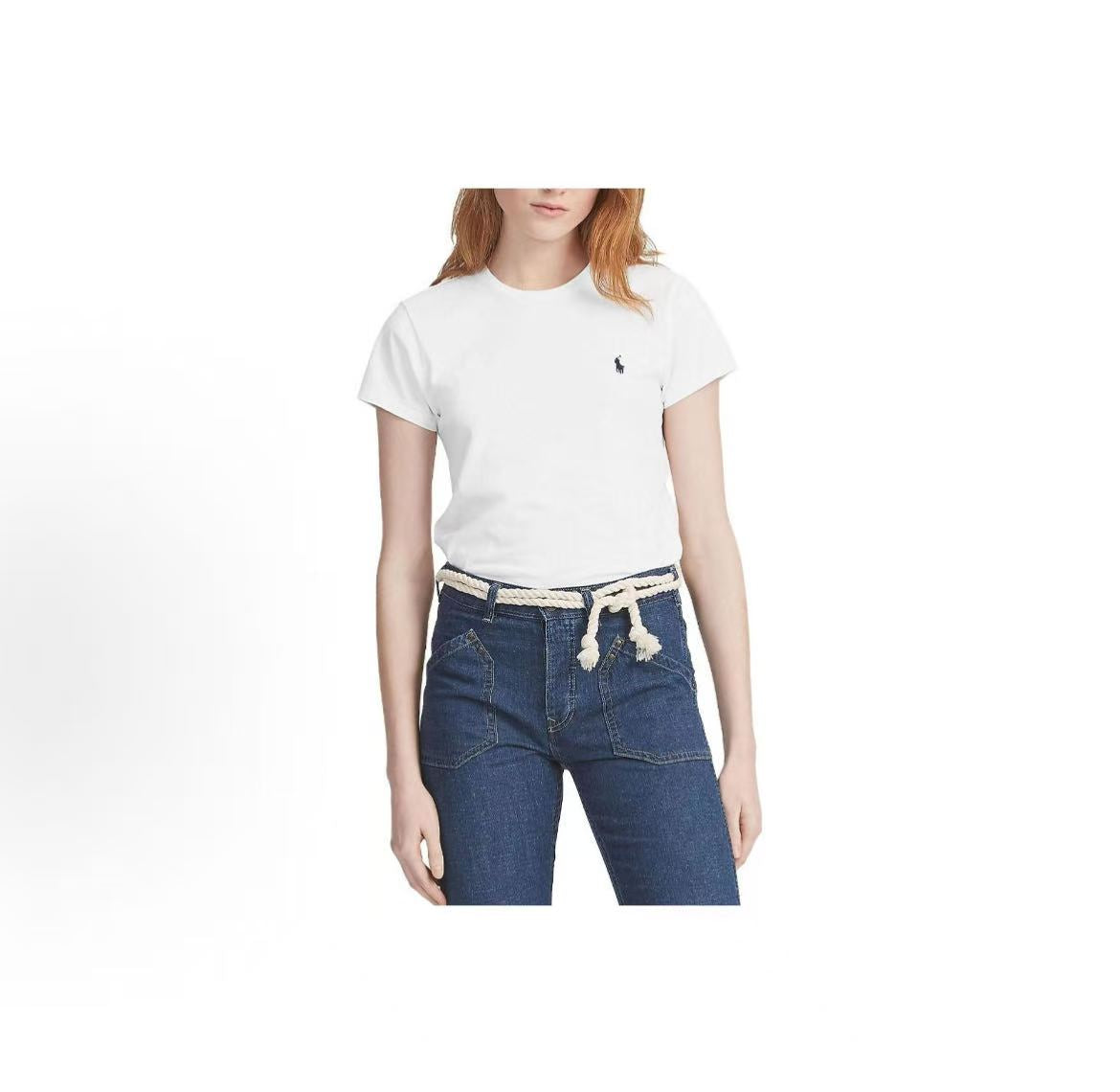 Ralph Lauren SS22 Little Horse Embroidery Solid Cotton Round-neck Pullover Short-Sleeve T-Shirt for Women, White with Navy Blue Stripes, Standard Fit