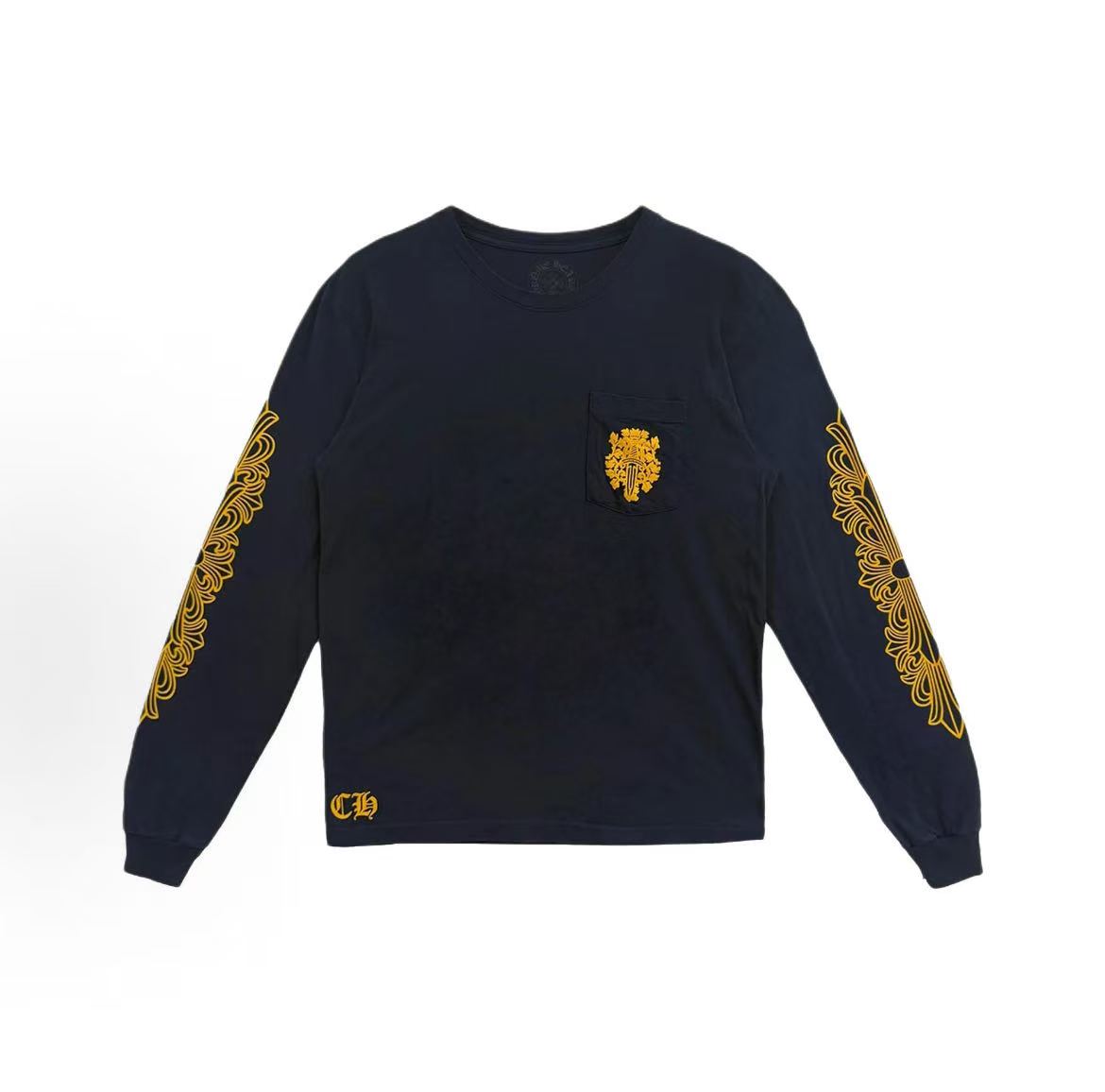 Chrome Hearts Long-sleeved Dagger Patterned Printed Round-neck Straight-Tee with Chest Pouch for Men