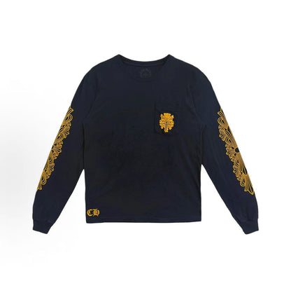Chrome Hearts Long-sleeved Dagger Patterned Printed Round-neck Straight-Tee with Chest Pouch for Men