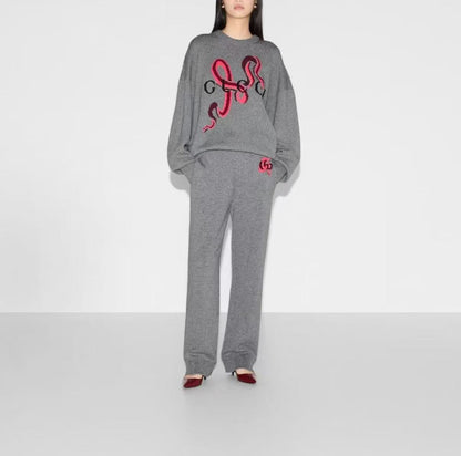 GUCCI 2025 Spring Season New Year Collection - Solid Embroidered Round-neck Long-sleeved Sweater - Women's - Gray