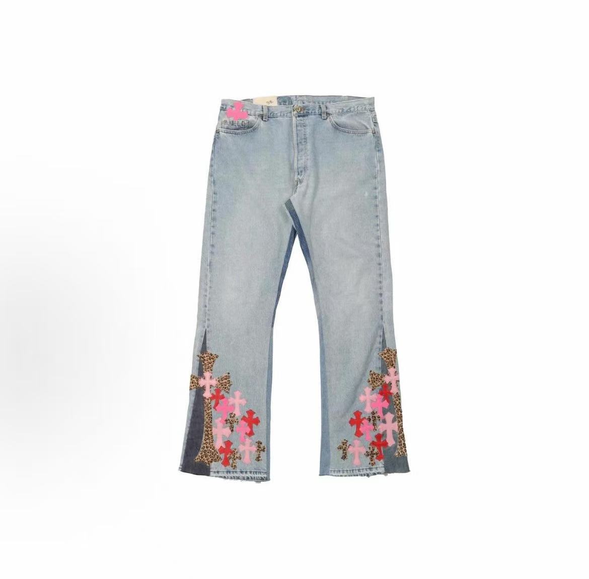 Chrome Hearts SS23 Cross-strap Patched Zip Straight Denim Pants for Men - Blue