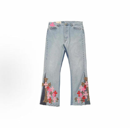 Chrome Hearts SS23 Cross-strap Patched Zip Straight Denim Pants for Men - Blue