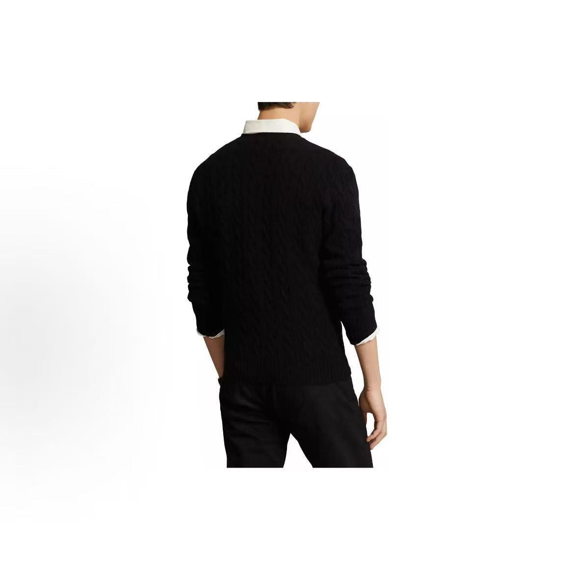 Ralph Lauren FW22 Solid-color Logo Embroidered Chunky Twill Knitted Wool and Cashmere Blend Long Sleeve Sweater Standard Fit Men's Black