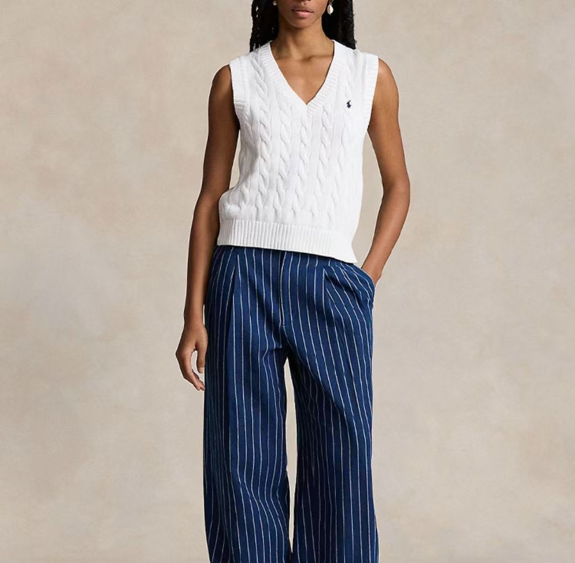 Ralph Lauren Petite Spurs Embroidered Solid Cotton Twill Gathered V-Neck Pullover With Ribbed Sleeve Hems and Slit Skirted Hem Knitted Cardigan Straight Fit Women's White