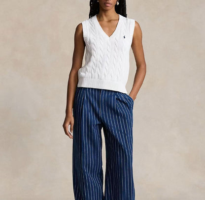 Ralph Lauren Petite Spurs Embroidered Solid Cotton Twill Gathered V-Neck Pullover With Ribbed Sleeve Hems and Slit Skirted Hem Knitted Cardigan Straight Fit Women's White