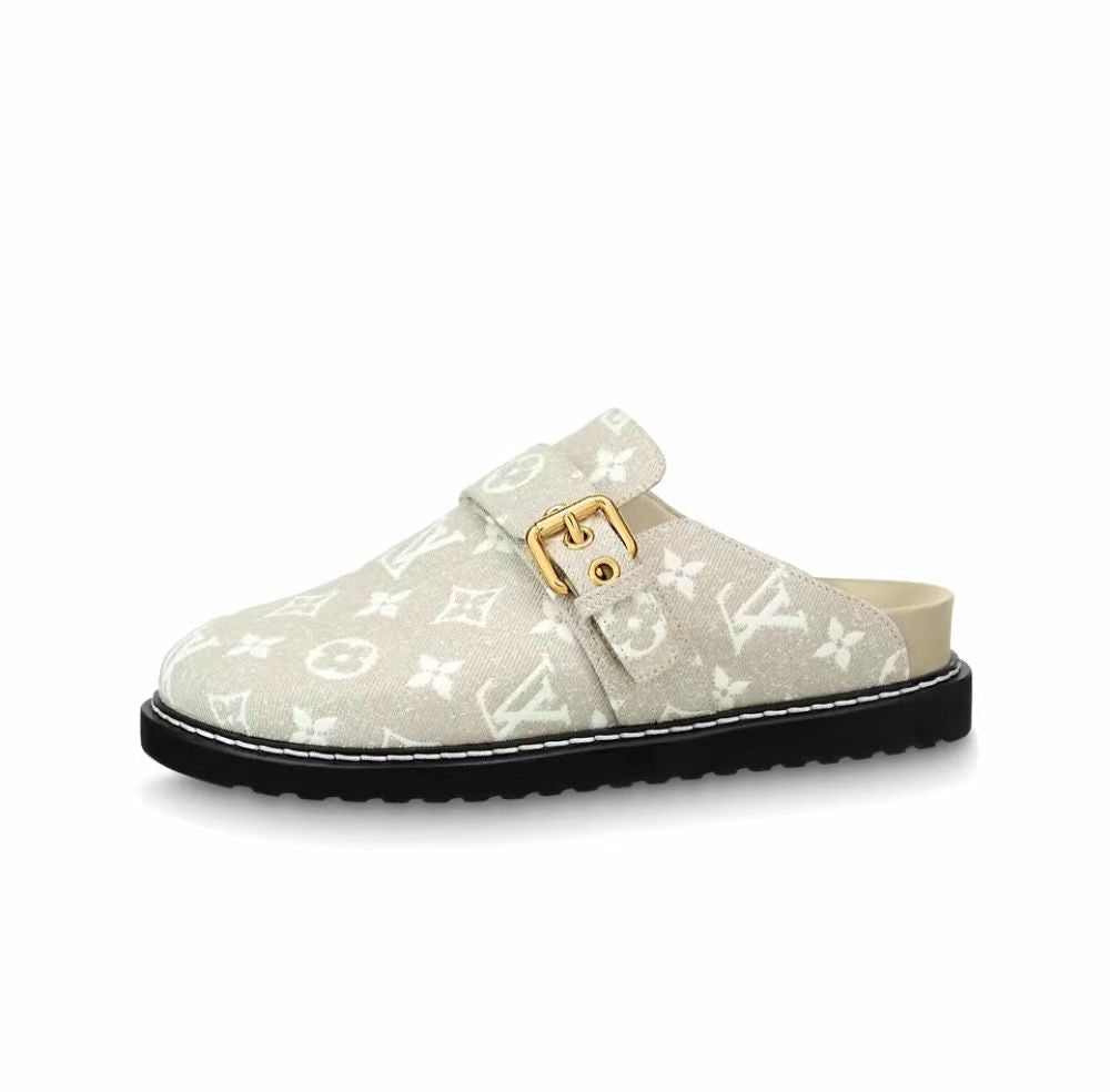 LOUIS VUITTON Cosy Comfort Denim flat top slippers women's gray