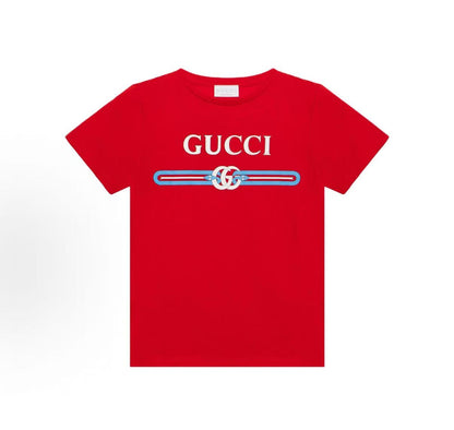 GUCCI T-shirt, Spring/Summer 2025 collection. Logo letter embroidery print in red. Children's size.