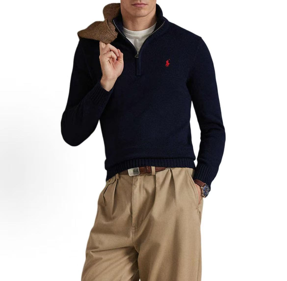Ralph Lauren SS23 Solid Cotton Logo Small Spikes Embroidery High Neck Half-Zip Ribbed Sleeve Hem Long Sleeve Sweater Standard Fit Men's Blue