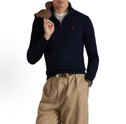 Ralph Lauren SS23 Solid Cotton Logo Small Spikes Embroidery High Neck Half-Zip Ribbed Sleeve Hem Long Sleeve Sweater Standard Fit Men's Blue