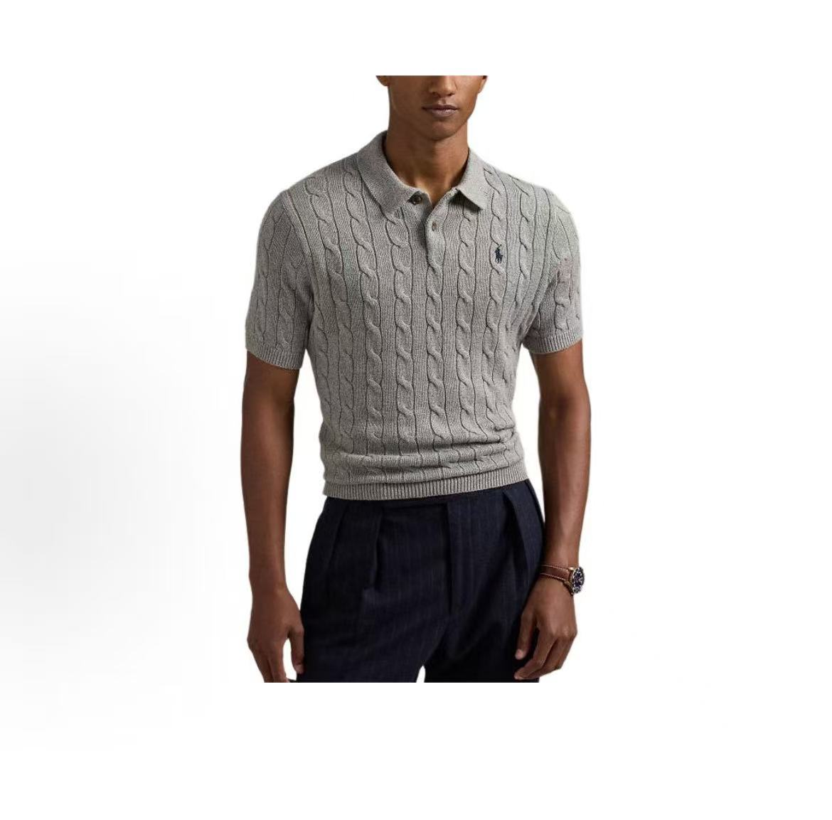 Ralph Lauren Petite Spurs Embroidered Logo Pattern Twisted Knitted Cotton Polo Collar Double Button Front Pullover Short Sleeve Polo Shirt Standard Fit Men's Style Gray