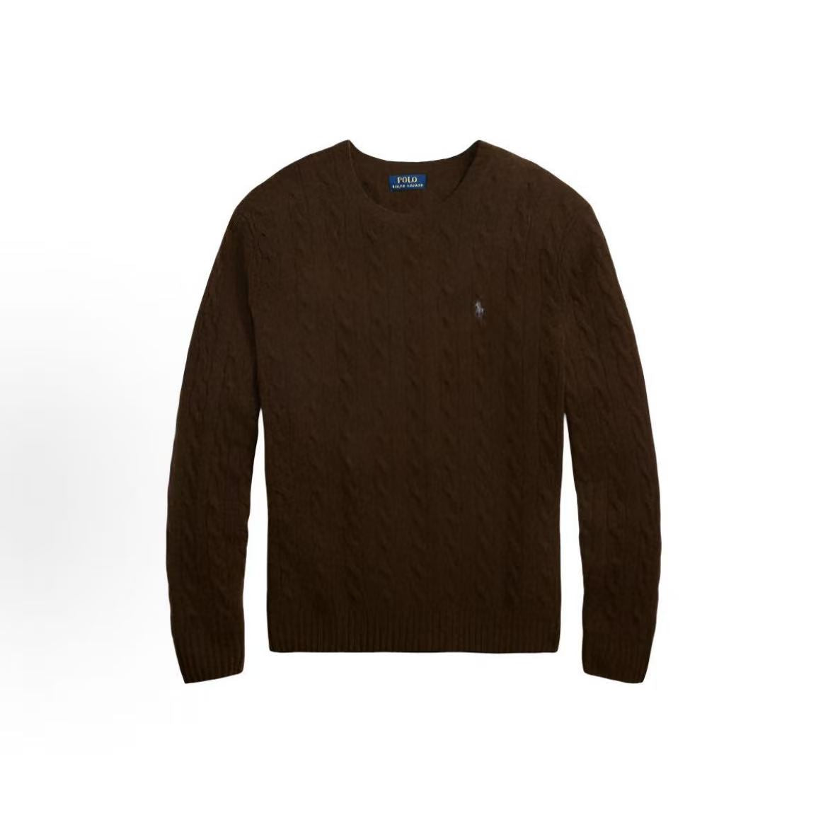 Ralph Lauren Small Spur Embroidered Logo Pattern Wool and Cashmere Blend Plaited Knitted Roundneck Pullover Long Sleeve Sweater Standard Fit Men's Style Brown