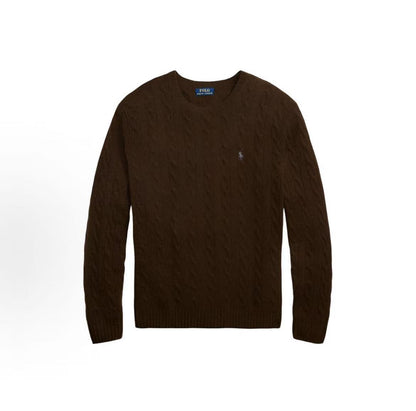 Ralph Lauren Small Spur Embroidered Logo Pattern Wool and Cashmere Blend Plaited Knitted Roundneck Pullover Long Sleeve Sweater Standard Fit Men's Style Brown