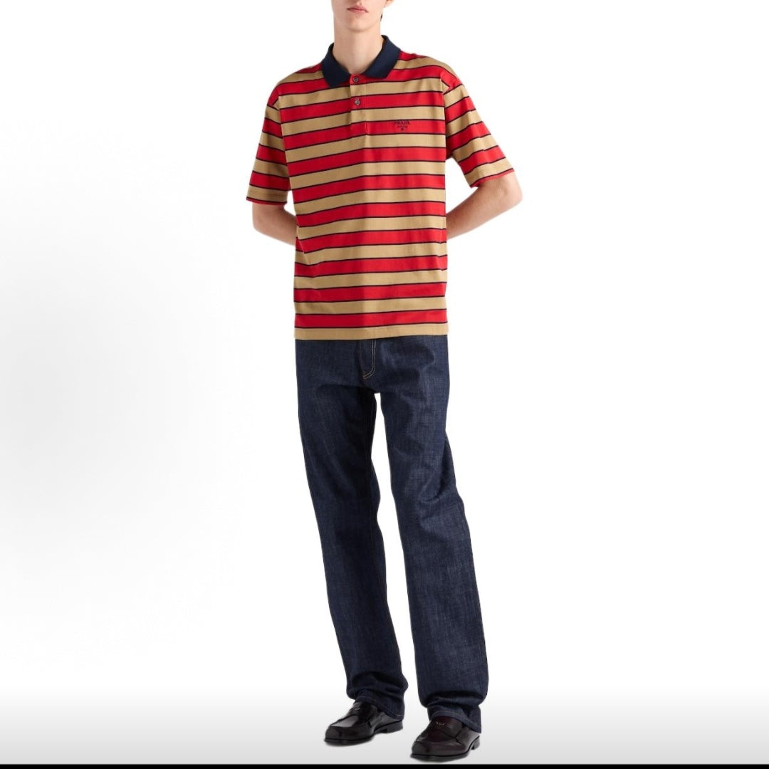 PRADA Men's SS25 Spring/Summer Striped Letter Print Cotton Short-Sleeve Polo Shirt, Red
